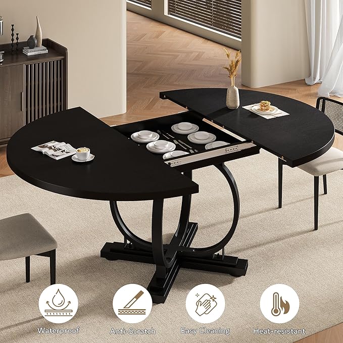 59" Round Extendable Dining Table for 4-6, Modern Oval Kitchen Table with Heavy Duty Curved Legs & Wood X-Based, MDF Board with Spring Buckle, Space Saving, Dining Kitchen Living Room, Black