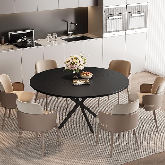 47.24" Round Dining Table, Modern Dining Room Table for 4-6 Person, Wood Round Kitchen Table with Metal Legs, Round Coffee Table for Home Dining Room Living Room (Black)