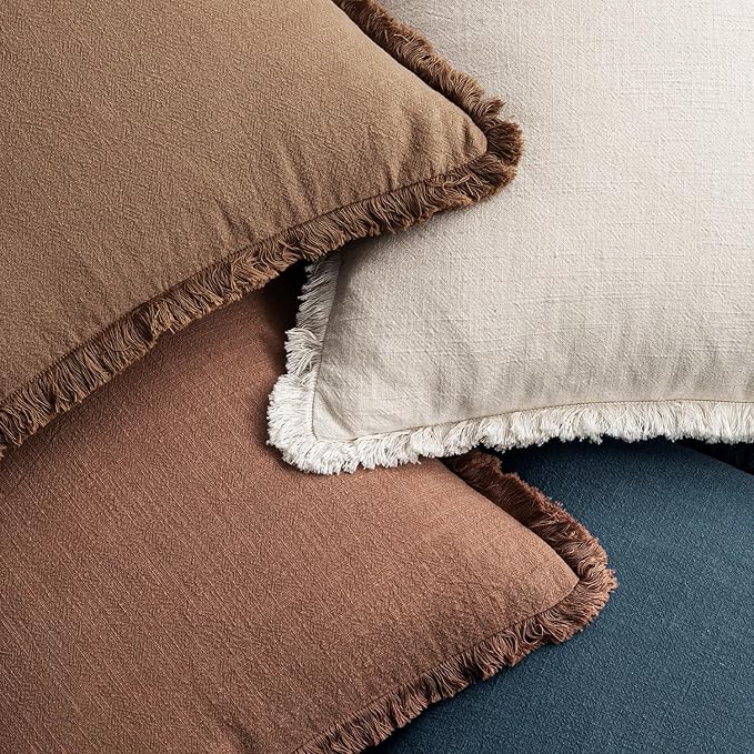 MIULEE Decorative Couch Pillow Covers Neutral Linen Fringe Throw Pillows Set of 4 Modern Rustic Cushions Boho Farmhouse Pillowcases for Bed Sofa Living Room Home Decor 18x18 Inch Beige/Brown/Blue
