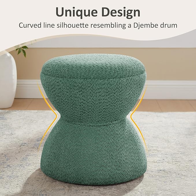 VANOMi Multi-Functional Boucle Ottoman, Vanity Stool Chair, Sturdy Wooden Footstool, Suitable for Living Room, Bedroom, and Entryway, Without Installation, Green