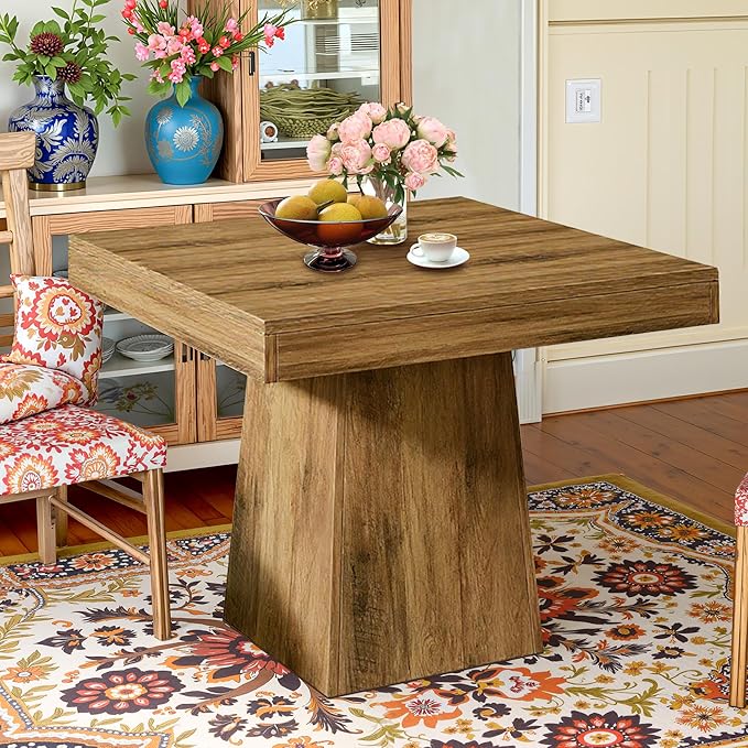 NicBex Square Dining Table for 4, 31.5" Farmhouse Dinner Table Small Dining Room Tables Wooden Kitchen Tables with Heavy Duty Pedestal for Kitchen, Living Room, Brown