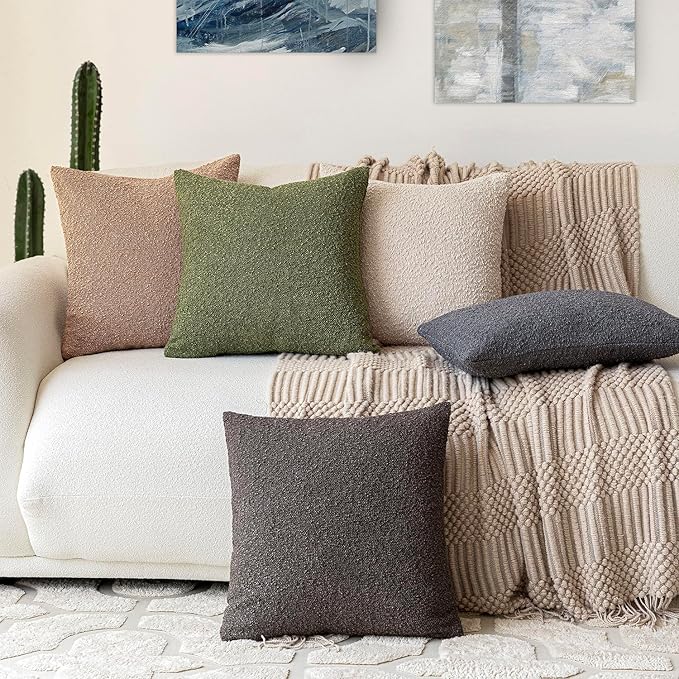 Foindtower Set of 2, Decorative Textured Boucle Throw Pillow Covers Accent Solid Pillow Cases Neutral Soft Cozy Couch Cushion Case for Chair Sofa Bedroom Living Room Home Decor 24 x 24 Inch Green