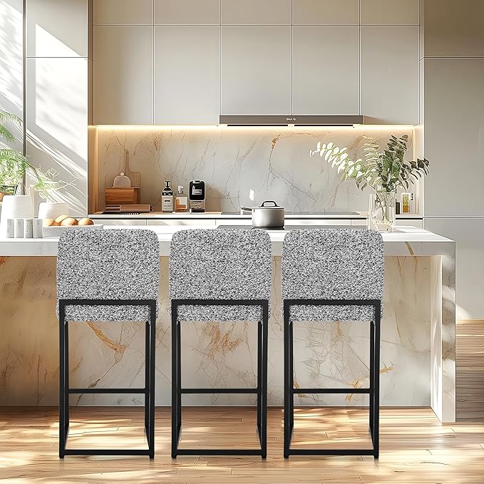 ALPHA HOME 24" Bar Stools Set of 4 Kitchen Counter Stools with Back, Counter Height Stools with Upholstered Footrest for Kitchen Island, Metal Steel Frame, Chenille, Gray