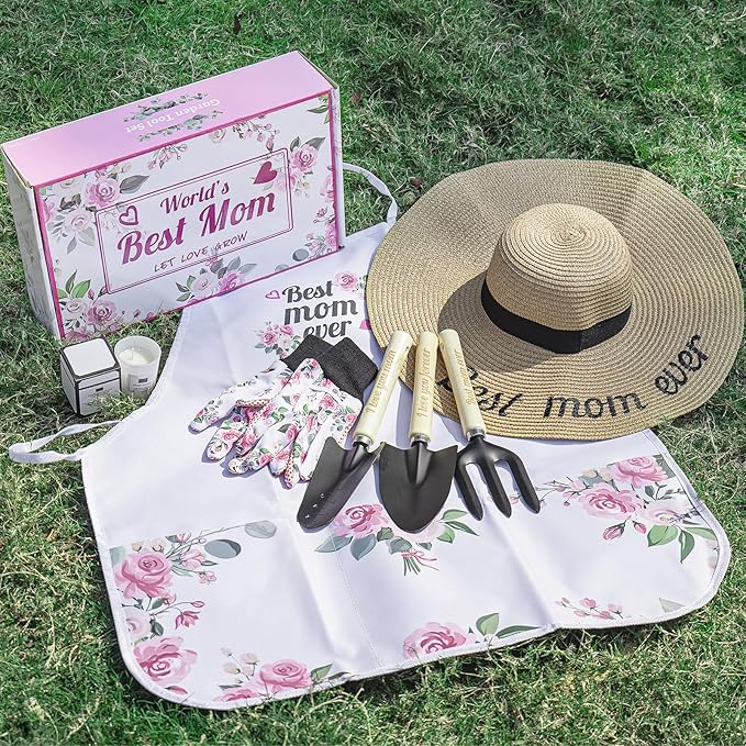 Gifts for Mom,7 Piece Womens Gardening Kit with Pink Gardening Tools,Straw Hat, Floral Gardening Apron and Gloves,Mothers Day Garden Gifts Pink