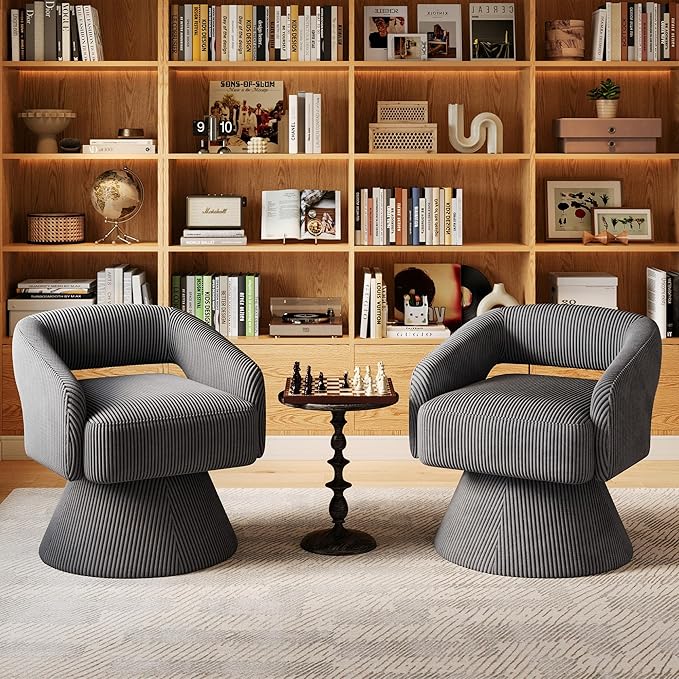 LINSY Swivel Accent Chair, Small Barrel Chair 360 Swivel Modern Armchair, Upholstered Reading Chair for Small Spaces Living Room, Vanity Chair for Bedroom, Grey