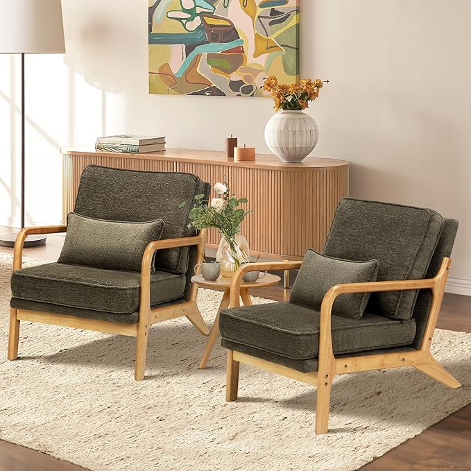 COLAMY Mid Century Modern Accent Chair Set of 2 with Lumbar Pillow, Relaxing Armchair with Solid Wood Frame & Soft Cushion, Reading Leisure Chair for Living Room(Green)