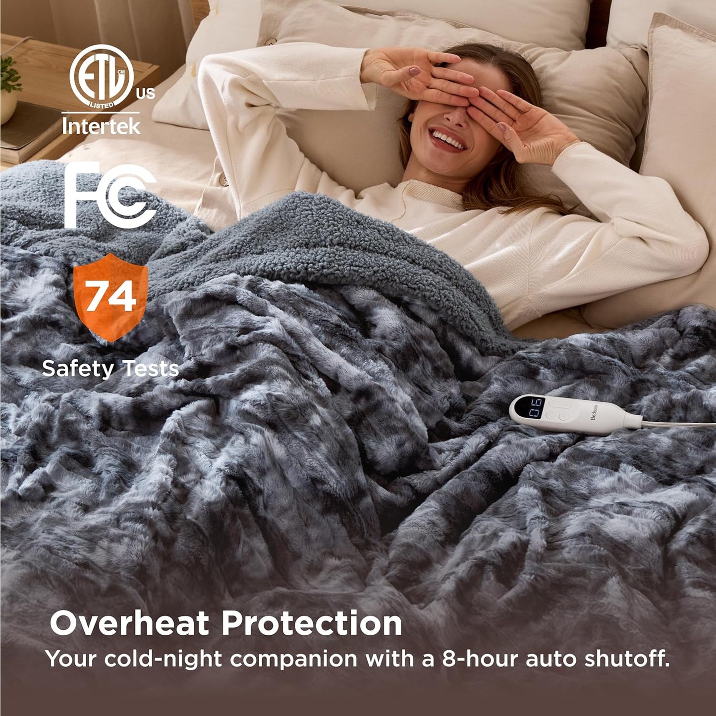 Bedsure Faux Fur Heated Blanket Full Size, Fast Heating Electric Blanket Full Size with 6 Heating Levels & 10 Time Settings, Cozy Gifts for Women Men (72x84 inches, Grey)