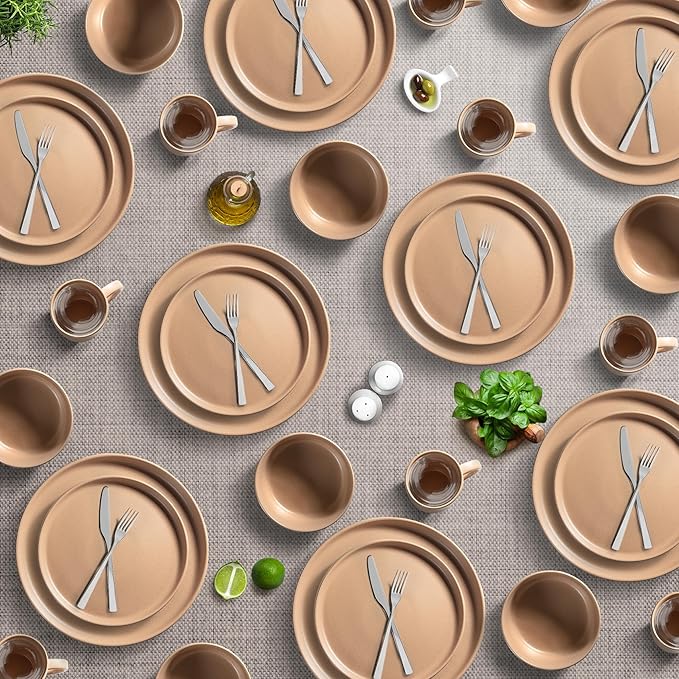 Zulay Kitchen Terra Stoneware 32-Piece Dinnerware Set, Artisanal Ceramic Plates and Bowls Set Crafted at 2300℉ - Service for 8, Terracotta Clay
