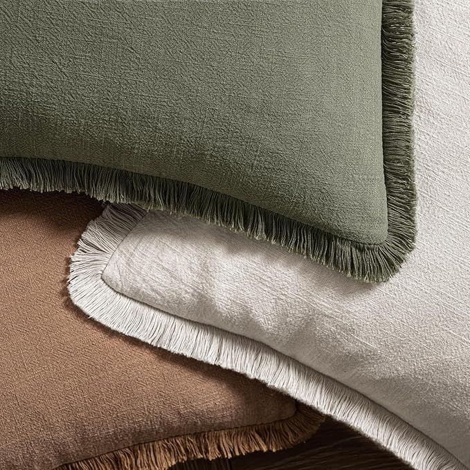 MIULEE Decorative Couch Pillow Covers Neutral Linen Fringe Throw Pillows Set of 4 Boho Farmhouse Cushions Soft Accent Pillowcases for Bed Couch Sofa Living Room Home Decor 18x18 Inch Olive Green