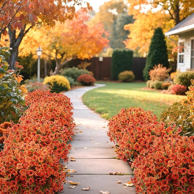 20 Bundles Artificial Fall Flowers for Outdoors Decoration, Fake Mums Silk Daisy Faux Plastic Plants Boston Fern UV Resistant for Autumn Thanksgiving Garden Planters Home Decor, Orange