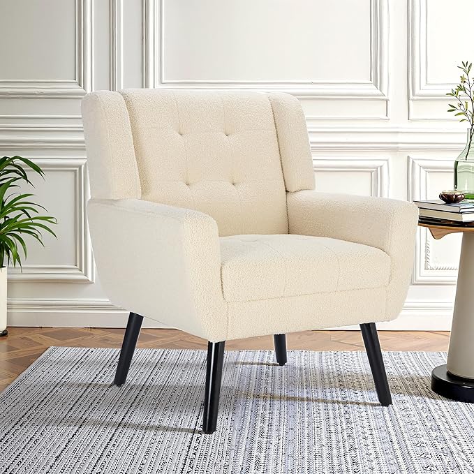 NicBex Modern Accent Chair for Living Room Upholstered Foam Filled Living Room Chairs with Metal Legs Teddy Cozy Lounge Armchair for Living Room Bedroom,Beige