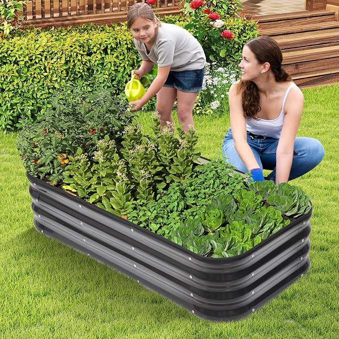 1MORE Raised Garden Bed -4X2X1 Galvanized Planter Box for Outdoor Gardening,3 in 1 Modular Raised Bed Kit with Protective Tape, Gloves for Herb, Flower,Ideal for Vegetables and Plants.Grey-1Pcak