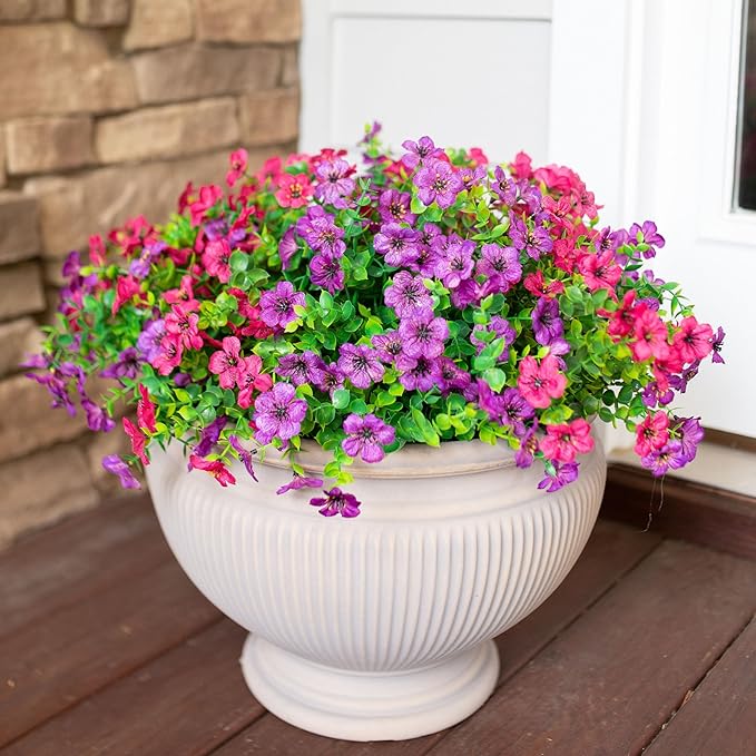 Artificial Flowers for Outdoor Indoor Garden Home Decoration, Faux Flower Daisy with Eucalyptus Leaves Fake Plants Greenery Boxwood Porch Patio, 12 Bundles (Purple Pink)