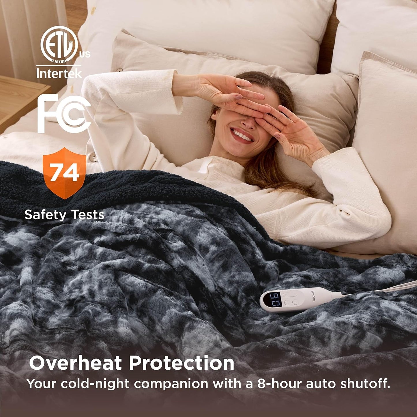 Bedsure Faux Fur Heated Blanket Twin Size, Fast Heating Electric Blanket Twin Size with 6 Heating Levels & 10 Time Settings, Cozy Gifts for Women Men (62x84 inches, Black)