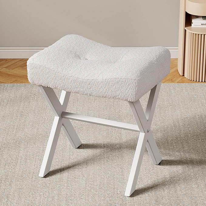 18-Inch Vanity Stool Chair, Vanity Bench with Metal X-Legs, Ottoman Accent Stool with Breathable and Soft Boucle Fabric Saddle Seat, White
