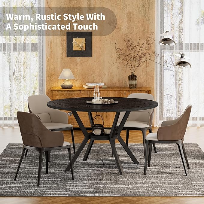 Black Dining Table for 4, 42 Inch Round Kitchen Table with Storage, Wooden Circle Dinner Table with Metal Legs, Rustic Mid Century Modern Dining Room Tables for Kitchen, Living Room, Dining Room