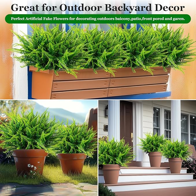 12 Bundles Artificial Fake Plants for Outdoor Faux Boston Fern for Home Decor UV Resistant Fake Plants Greenery for Front Porch Planter Indoor or Outdoor (Green)