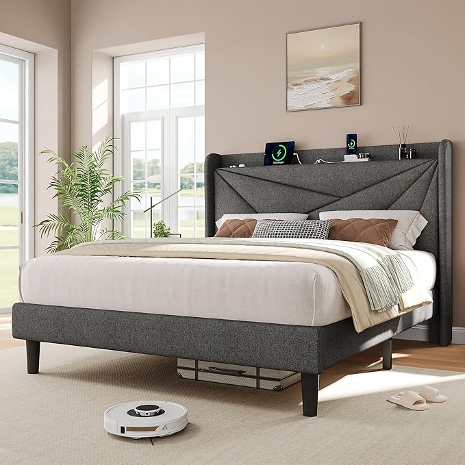 iPormis Queen Size Bed Frame with Charging Station, Linen Platform Bed Frame with Wingback Headboard Upholstered Bedframe, Solid Wood Slats Support, No Box Spring Needed, Easy Assembly, Dark Grey