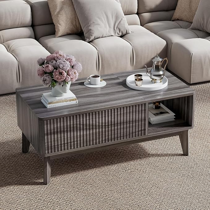 LYNCOHOME Fluted Lift Top Coffee Table with Storage,Modern Center Table for Living Room, Home Office(Grey)