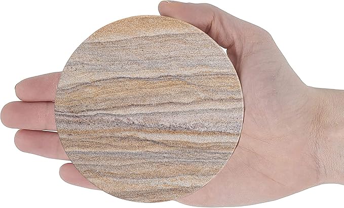 Sandstone Water Absorbent Hand Crafted Round Coasters for Drinks - 4 Inches Wide Thirsty Stone Bar/Drink Coasters- Made from Rainbow Sandstone (Set of 6 Without Holder)
