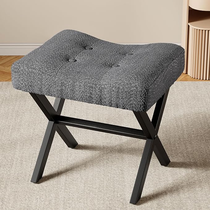 18-Inch Large Vanity Stool Chair, Vanity Bench with Metal X-Legs, Ottoman Accent Stool with Breathable and Soft Boucle Fabric Saddle Seat, Grey