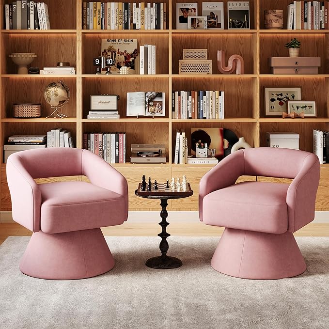 LINSY Swivel Accent Chair, Small Barrel Chair 360 Swivel Modern Armchair, Upholstered Reading Chair for Small Spaces Living Room, Vanity Chair for Bedroom, Pink