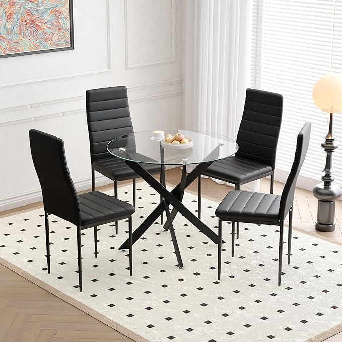 Glass Dining Table Modern Kitchen Table with Black Metal Legs 36 Inch Small Round Dining Table for Apartment Kitchen Dining Room