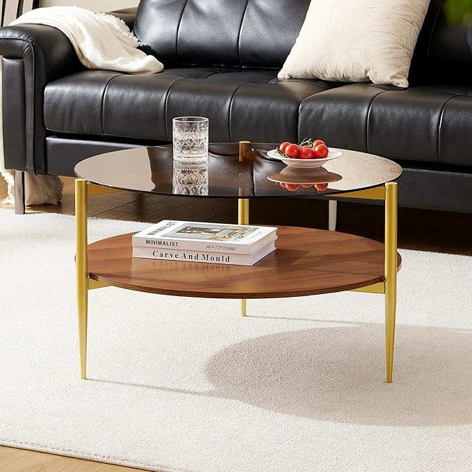 Round Coffee Table, Mid-Century Modern Design, D30*H17 inch, for Living Room, 2-Tier Structure, Amber Glass Top and Walnut Wood Shelf, Sleek Conical Metal Legs with Gold Finish