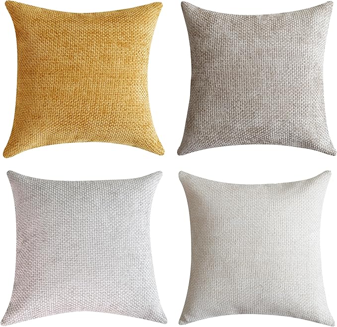 Stellhome 4 Packs Neutral Decorative Throw Pillow Covers Soft Chenille Woven Textured Accent Cushion Cases for Living Room Couch Bed Sofa Farmhouse Boho Home, 18x18 inch, Neutral Mustard Yellow