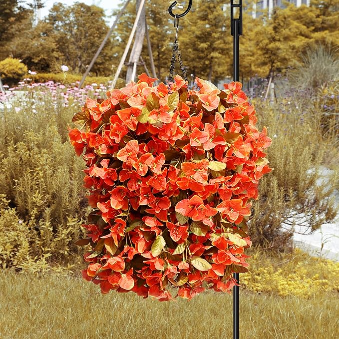 Bougainvillea Artificial Fall Flowers Fake Plants for Outdoors Autumn Decoration, 3PCS Faux Silk Hanging Trailing Vines with Baskets UV Resistant Realistic for Front Door Patio Balcony, Fall Orange