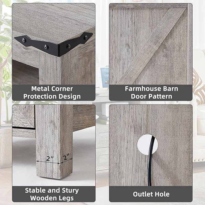 Nightstands Set of 2 with Charging Station, Farmhouse Night Stand with 2 Drawers and Shelf Storage, Wooden Side End Table, Bedside Cabinet for Bedroom, Living Room, Closet,Office (Grey)