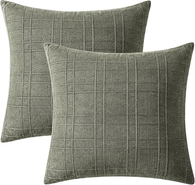 MIULEE Decorative Linen Check Throw Pillow Covers Neutral Farmhouse Vintage Pillow Covers 16x16 Set of 2 Boho Modern Home Decor for Sofa Couch Bedroom Cushion Olive Green