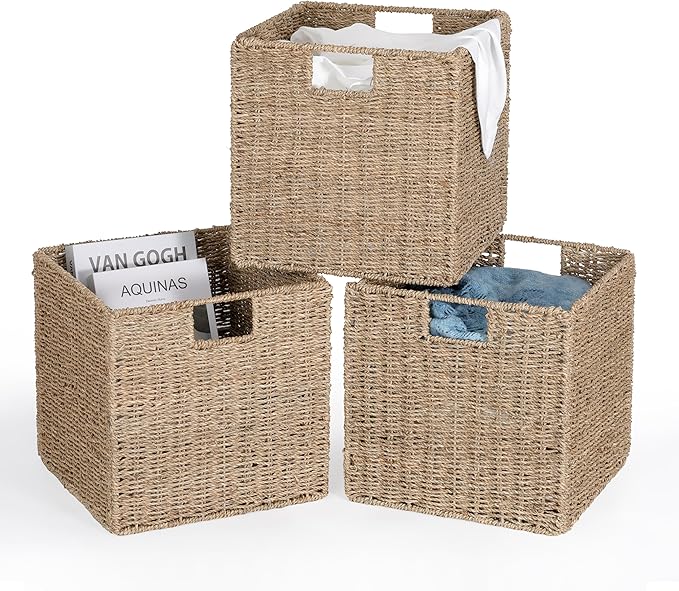 10.5 x 10.5in Seagrass Storage Baskets Set of 4, Cube Foldable Woven Storage Baskets for Shelves, Decorative Seagrass Shelf Basket