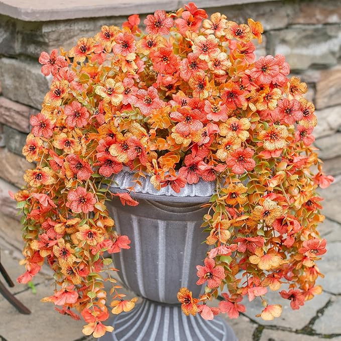 Artificial Flowers for Outdoors Fall Decoration, 2Pcs Fall Orange Yellow Hanging Flowers with Autumn Eucalyptus Leaves Faux Silk Flower Decor for Home Porch Patio Balcony Planter Yard