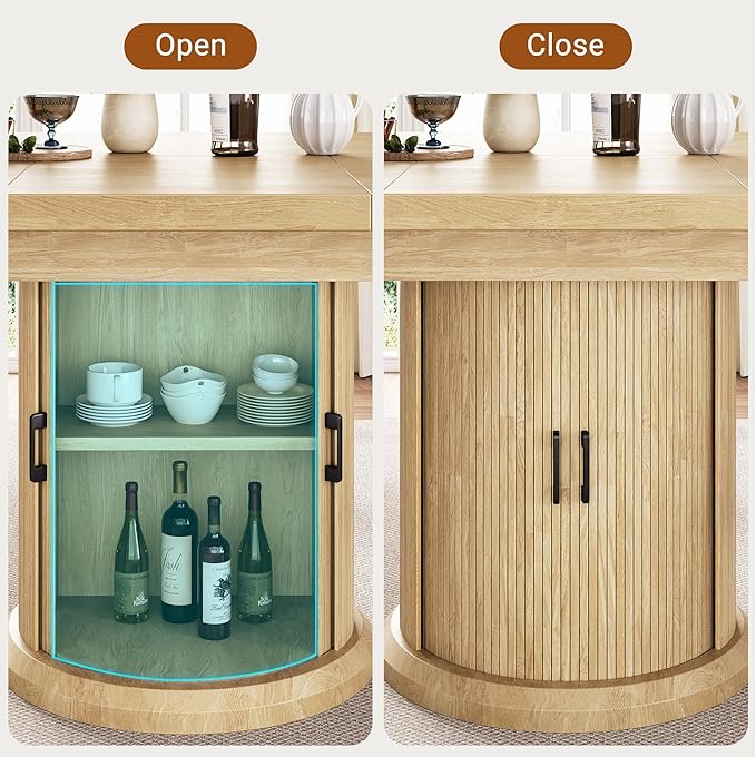 Extendable Round Kitchen Dining Room Table for 4-6 with 2-Tier Storage Shelf, 63'' Space Saving Expandable Wood Oval Circle Dinner Furniture with Pedestal Base (Natural Oka)