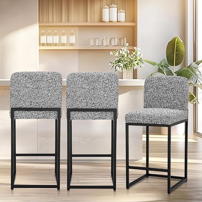 ALPHA HOME 24" Bar Stools Set of 2 Kitchen Counter Stools with Back, Counter Height Stools with Upholstered Footrest for Kitchen Island, Metal Steel Frame, Chenille, Gray