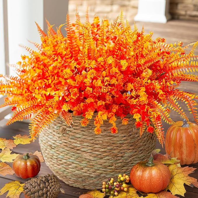 Ivydale Artificial Fake Fall Mums Flowers Plants for Outdoor Outside, 12 Bundles Faux Autumn Orange Daisy Plastic Greenery Realistic UV Resistant for Front Door Porch Patio Balcony Garden Yard Decor