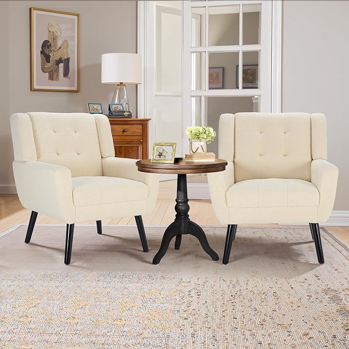 NicBex Accent Chair Set of 2, Modern Chair for Living Room Upholstered Foam Filled Living Room Chairs with Metal Legs Teddy Cozy Lounge Armchair for Living Room Bedroom,Beige