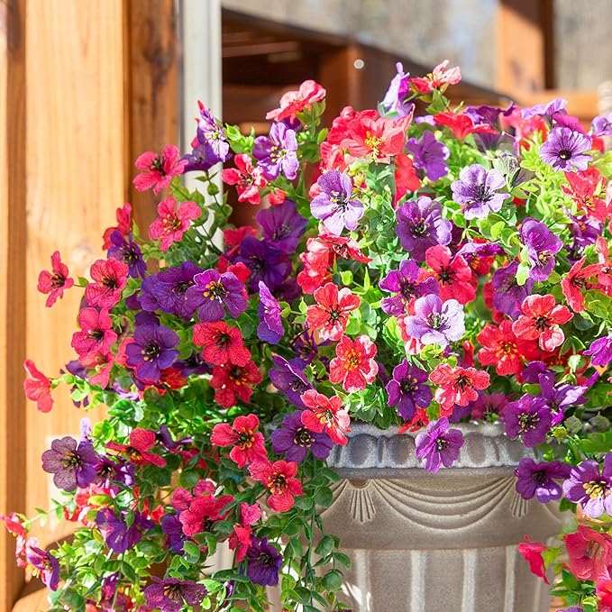 Artificial Flowers for Outdoors Decoration, 2Pcs Fake Hanging Spring Summer Decor, Purple and Hotpink Realistic Plants, UV & Fading Resistant Silk Flower for Porch Patio Balcony Planter Yard