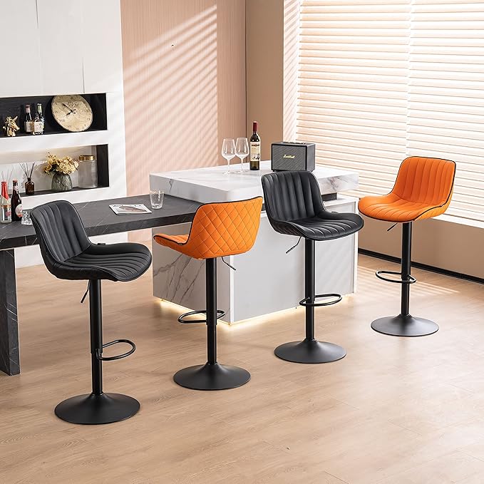YOUNUOKE Orange Bar Stools Set of 2, Height Adjustable, 360° Swivel, Faux Leather Upholstered Barstools with Back, Mid-Century Modern Design, Stools for Kitchen Island, Home Bar, Bistro, Restaurant
