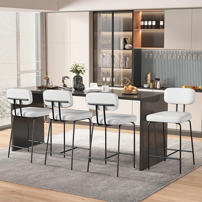 Counter Height Bar Stools Set of 2, 26" Faux Leather Kitchen Counter Stools with Backs, Metal Legs, Footrest, Bar Chairs for Kitchen Island, White