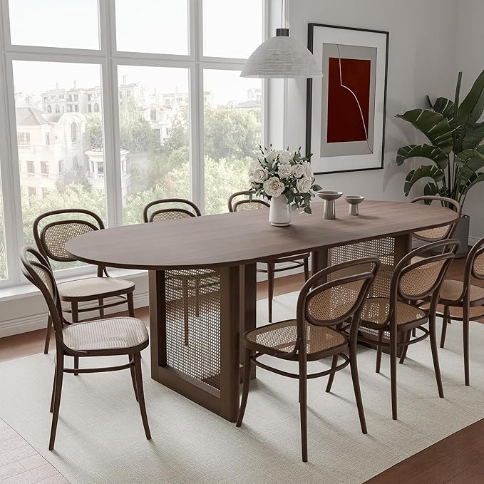 Casaphoria 79" Dining Table for 8, Wood Kitchen Table with Scratch-Resistant Top & Rattan Base, Modern Farmhouse Oval Dining Table for Living Room, Kitchen, Easy Assembly, Walnut (Chairs not included)