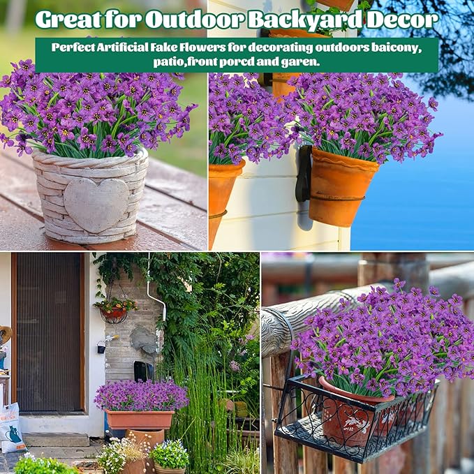 Lnoicy 24 Pcs Artificial Flowers for Outdoor,Plastic Flowers Decoration, UV Resistant Faux Flowers Shrubs, Artificial Plants for Indoor Outside Garden Home Wedding Farmhouse(Purple