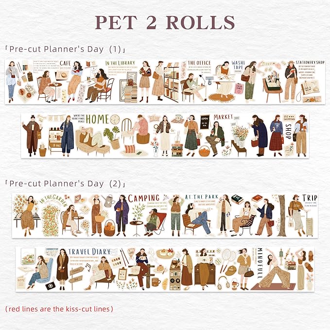WT Pre-Cut Planner’s Day PET Tape Set, 2 Rolls, Original Designs, Waterproof Decorative Masking Tape for Journals, Planners, Scrapbooking, DIY Paper Projects