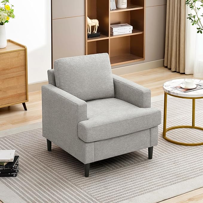 Mid-Century Accent Chair,Modern Linen Fabric Armchair for Living Room,Comfy Upholstered Reading Accent Chairs for Bedroom,Single Sofa Chair with Wood Legs (Light Grey, 1 Pack)