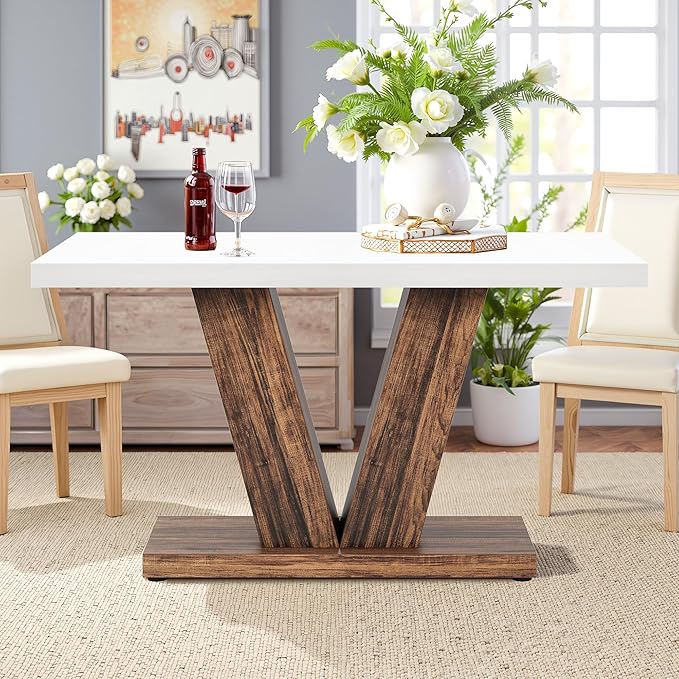 NicBex 47" Dining Table for 4 People, Farmhouse Dinner Table Small Dining Room Tables Rectangular Wooden Kitchen Tables with Heavy Duty Pedestal for Kitchen, Living Room, White & Brown