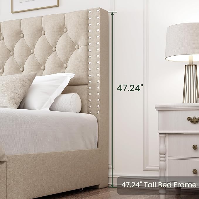 LARMACE King Size Bed Frame with 4 Storage Drawers and Tufted Headboard Linen Upholstered Platform Bed Frame with Heavy Duty Wood Slats, No Box Spring Needed, Easy Assembly, Beige