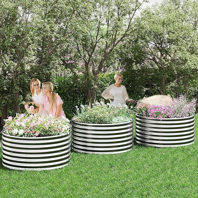 4 Pack 3x3FT Round Galvanized Raised Garden Bed Outdoor,Metal Garden Bed for Vegetables,Steel Raised Beds for Gardening,Above Ground Garden Box for Flower