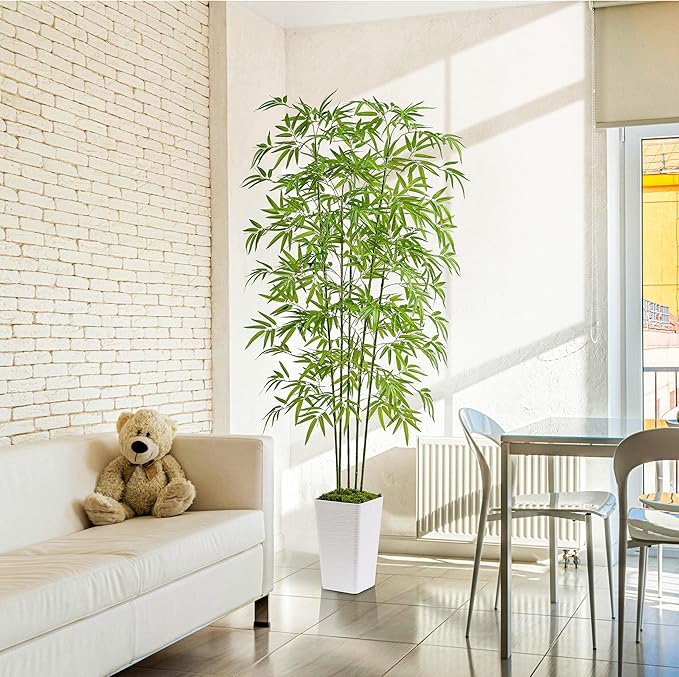 Artificial Bamboo Tree 6FT Tall Fake Plants Faux Bamboo Plant with White Tall Planter, Artificial Fake Trees Silk Plant with 5 Trunks and Lifelike Leaves for Home Office Indoor Outdoor Decor