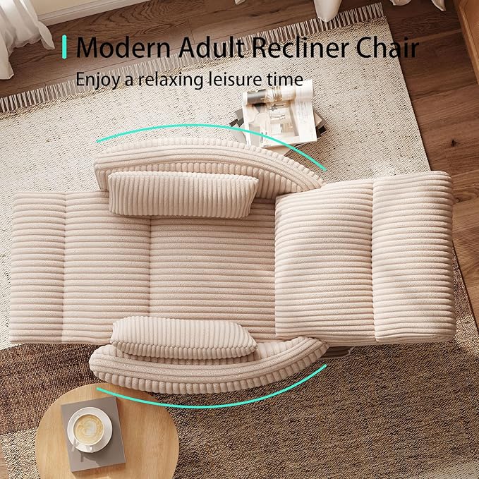 LINSY 360 Swivel Rocker Recliner - Corduroy Nursery Glider Rocking Chair with 2 Pillows, Comfy High Back Adult Recliner for Small Spaces, Nursery Bedroom Living Room Reclining Chairs (Beige)